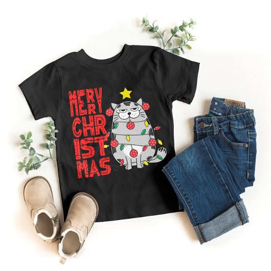 Vrolijke Kerstkat met Kerstverlichting T-shirt