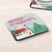 Vrolijke kerstkerk en kerstboom in de sneeuw bier onderzetter (Linkerzijde)