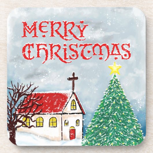 Vrolijke kerstkerk en kerstboom in de sneeuw bier onderzetter (Voorkant)