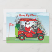 VROLIJKE KERSTKERSTMAN IN WINKELWAGEN SPEELT GOLF FEESTDAGENKAART (Voorkant)