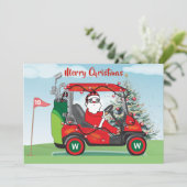 VROLIJKE KERSTKERSTMAN IN WINKELWAGEN SPEELT GOLF FEESTDAGENKAART (Staand voorkant)