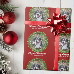 Vrolijke Kerstkrans Custom Dog Foto Rood Cadeaupapier