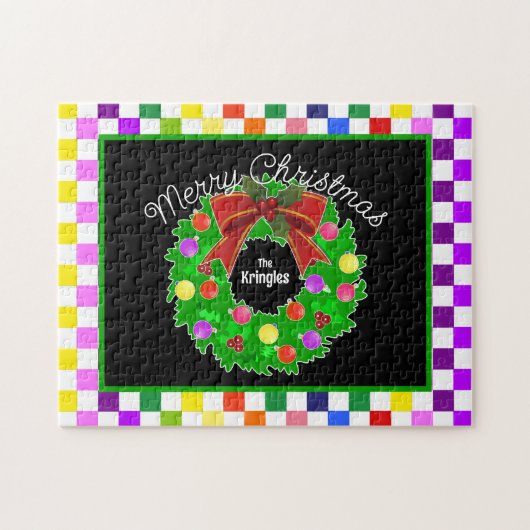 Vrolijke Kerstkrans Gepersonaliseerd Kleurrijk Legpuzzel (Horizontaal)