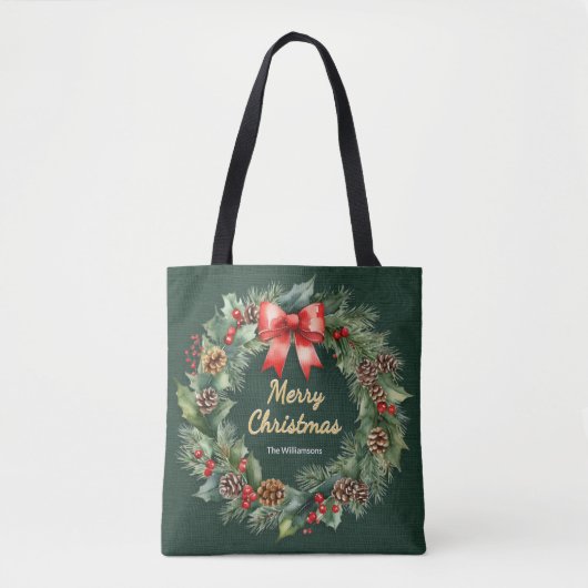 Vrolijke kerstkrans met rode boog gepersonaliseerd tote bag (Voorkant)