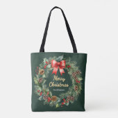 Vrolijke kerstkrans met rode boog gepersonaliseerd tote bag (Achterkant)