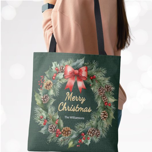 Vrolijke kerstkrans met rode boog gepersonaliseerd tote bag