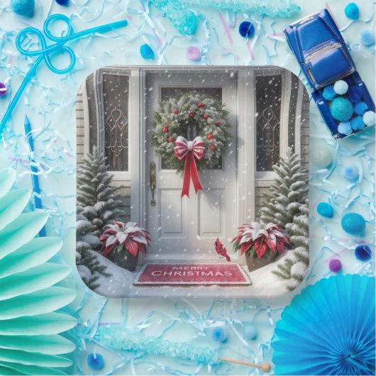 Vrolijke kerstkrans op de huisdeur papieren bordje (Feest)