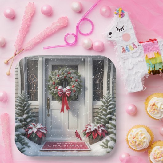 Vrolijke kerstkrans op de huisdeur papieren bordje (Feest)