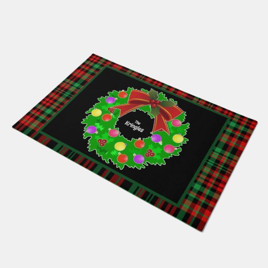 Vrolijke Kerstkrans Personaliseer Rood Groen Plakk Deurmat (Schuin)