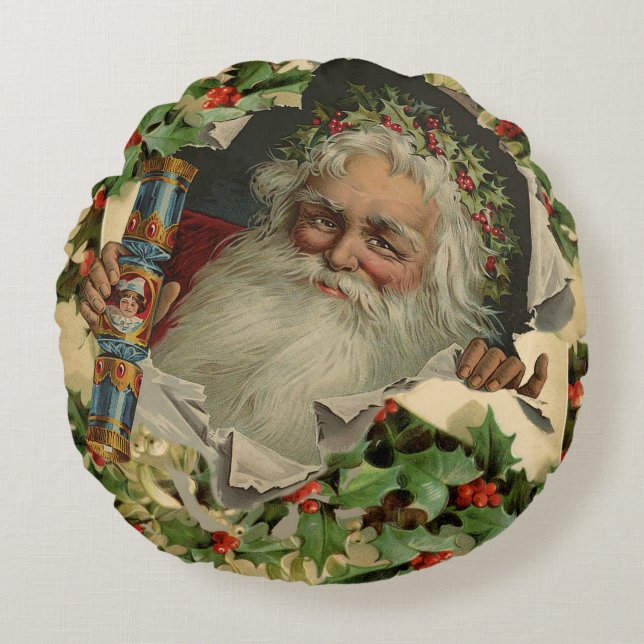 Vrolijke Kerstman Antiek Classic Rond Kussen (Voorkant)