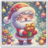 Vrolijke Kerstman die een geschenk vasthoudt in ee Sticker (Voorkant)