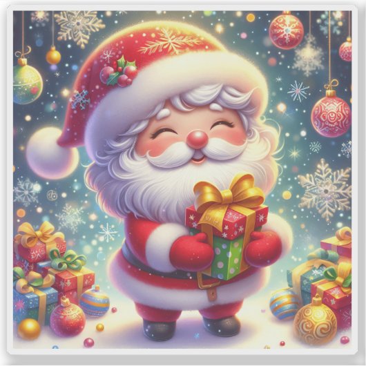 Vrolijke Kerstman die een geschenk vasthoudt in ee Sticker (Voorkant)