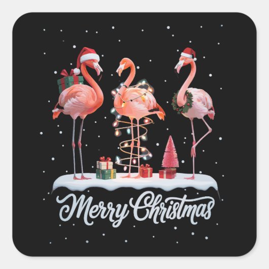 Vrolijke Kerstman Flamingo Light Sneeuw Kerstmis Vierkante Sticker (Voorkant)
