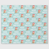 Vrolijke Kerstman Foto Schattige Gezicht Blauw Cadeaupapier (Vlak)