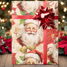 Vrolijke Kerstman Hulst Poinsettia's Kerstmis Cadeaupapier