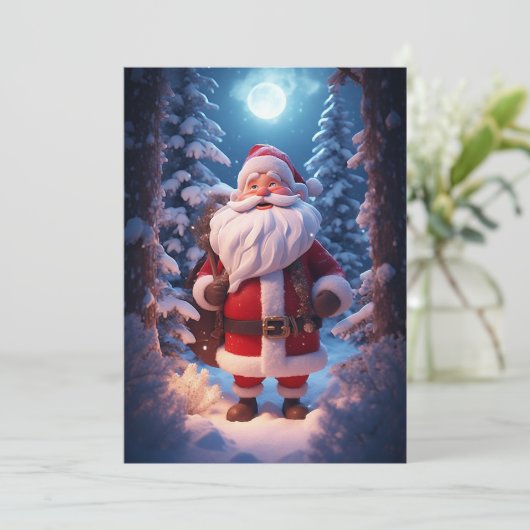 Vrolijke kerstman in het besneeuwde bos feestdagenkaart (Staand voorkant)