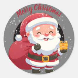 Vrolijke Kerstman met cadeau op zwart en grijs Ronde Sticker