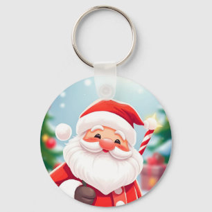 Vrolijke Kerstman met een Kerststok Sleutelhanger