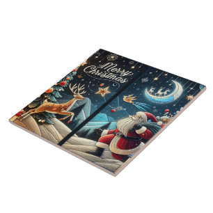 Vrolijke kerstman op besneeuwde kerstavond tegeltje