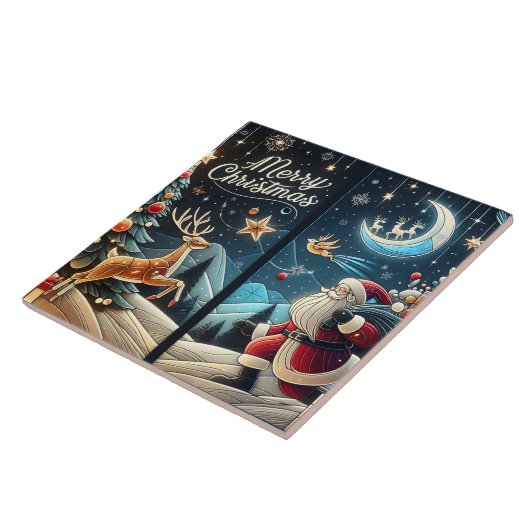 Vrolijke kerstman op besneeuwde kerstavond tegeltje (Zijkant)