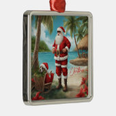Vrolijke Kerstman op Tropical Island Metalen Ornament (Rechts)