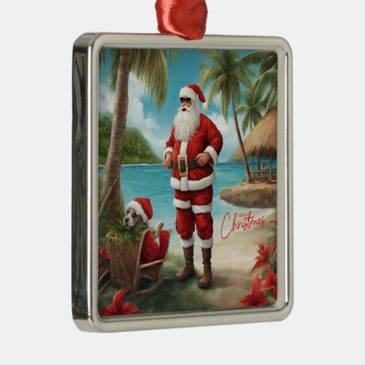 Vrolijke Kerstman op Tropical Island Metalen Ornament (Rechts)
