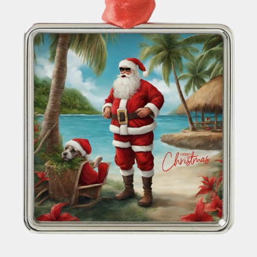 Vrolijke Kerstman op Tropical Island Metalen Ornament (Voorkant)