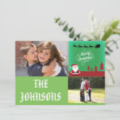 Vrolijke Kerstman Reinders Rode Sneeuwman Bomen Feestdagenkaart (Staand voorkant)