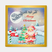 Vrolijke Kerstman, Sleigh, Rendieren, Sneeuwvlok Magneet (Voorkant)