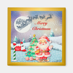 Vrolijke Kerstman, Sleigh, Rendieren, Sneeuwvlok Magneet