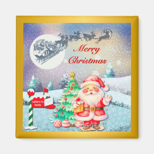 Vrolijke Kerstman, Sleigh, Rendieren, Sneeuwvlok Magneet (Voorkant)