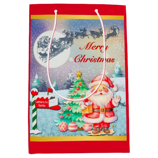 Vrolijke Kerstman, Sleigh, Rendieren, Sneeuwvlok Medium Cadeauzakje (Voorkant)