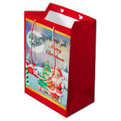 Vrolijke Kerstman, Sleigh, Rendieren, Sneeuwvlok Medium Cadeauzakje (Achterkant Gekanteld)