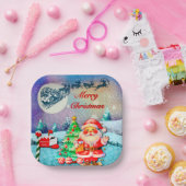 Vrolijke Kerstman, Sleigh, Rendieren, Sneeuwvlok Papieren Bordje (Feest)