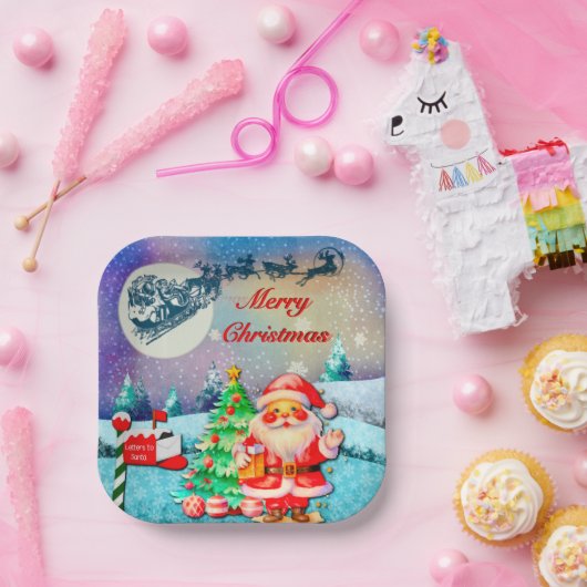 Vrolijke Kerstman, Sleigh, Rendieren, Sneeuwvlok Papieren Bordje (Feest)