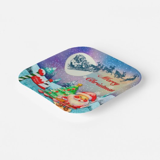 Vrolijke Kerstman, Sleigh, Rendieren, Sneeuwvlok Papieren Bordje (Gebogen)