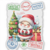 Vrolijke Kerstman Sticker met geschenken (Voorkant)