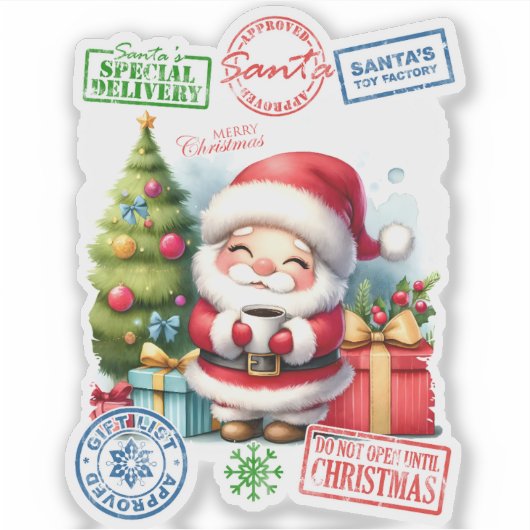 Vrolijke Kerstman Sticker met geschenken (Voorkant)