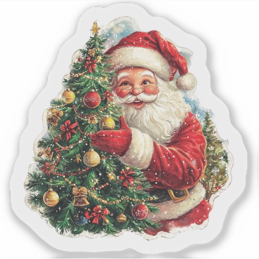 Vrolijke kerstman trimt kerstboom sticker (Voorkant)