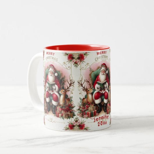 Vrolijke Kerstman Voorlezen aan Reinders Tweekleurige Koffiemok (Voorkant links)