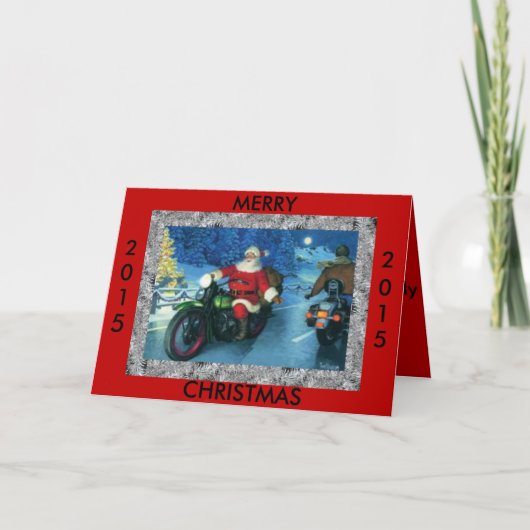Vrolijke Kerstmis 2015 Kerstman op een motorfiets Feestdagen Kaart (Voorkant)