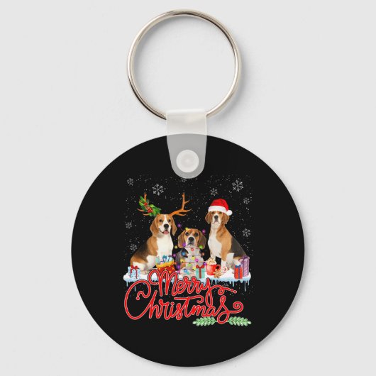 Vrolijke Kerstmis Beagle Hond Santa Reindeer Light Sleutelhanger (Voorkant)