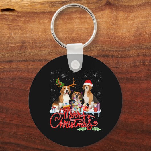 Vrolijke Kerstmis Beagle Hond Santa Reindeer Light Sleutelhanger (Voorkant)