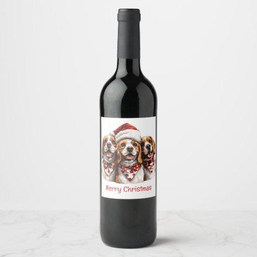 Vrolijke Kerstmis Beagle honden Wijn Etiket (Voorkant)
