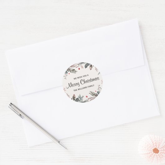 Vrolijke Kerstmis Bloemen Groet Ronde Sticker (Envelop)