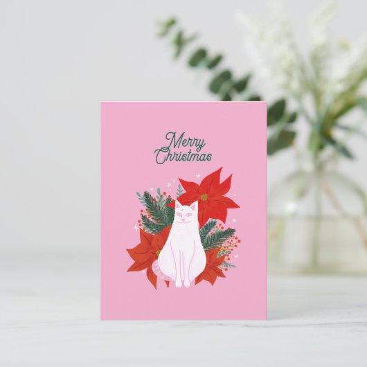 Vrolijke Kerstmis Bloemen Kat Briefkaart (Staand voorkant)