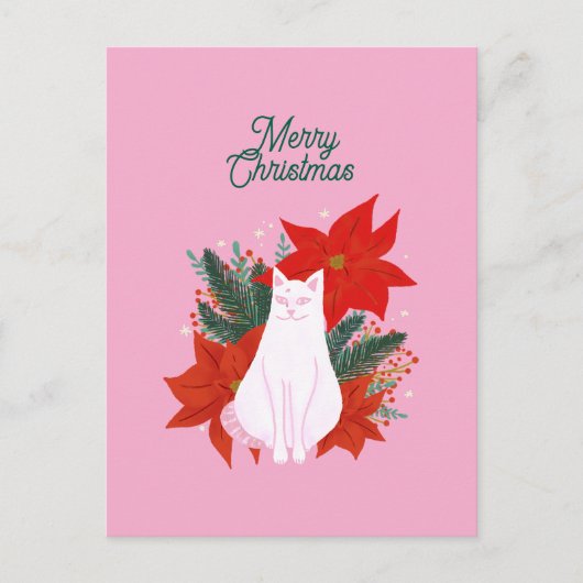 Vrolijke Kerstmis Bloemen Kat Briefkaart (Voorkant)