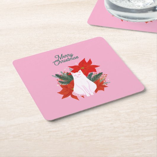 Vrolijke Kerstmis Bloemen Kat Kartonnen Onderzetters (Schuin)