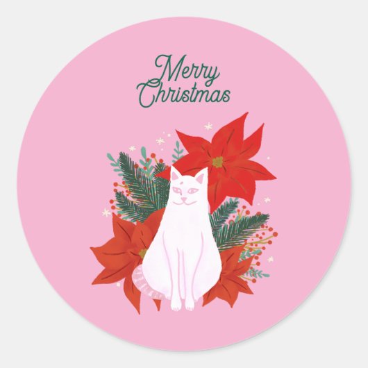 Vrolijke Kerstmis Bloemen Kat Ronde Sticker (Voorkant)