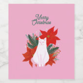 Vrolijke Kerstmis Bloemen Kat Wijn Etiket (Enkel label)